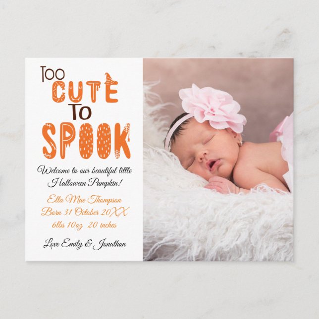 Too Cute To Spook Halloween Photo Baby Girl Announcement Postcard (Front)