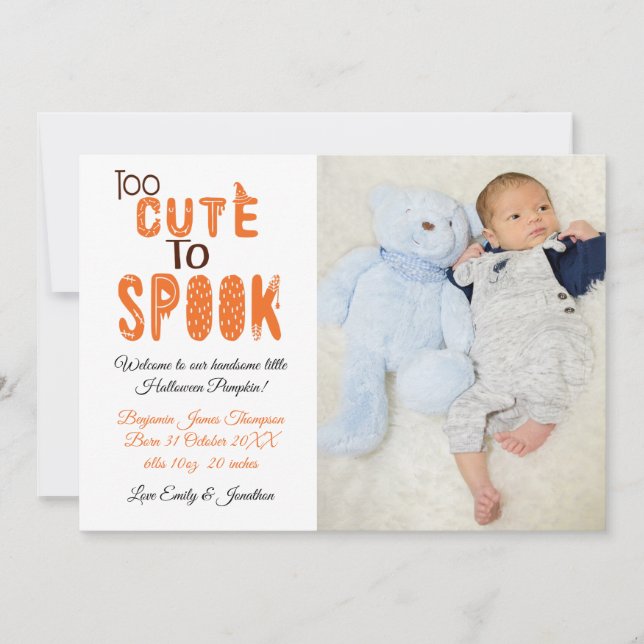 Too Cute To Spook Halloween Photo New Baby Boy Announcement (Front)