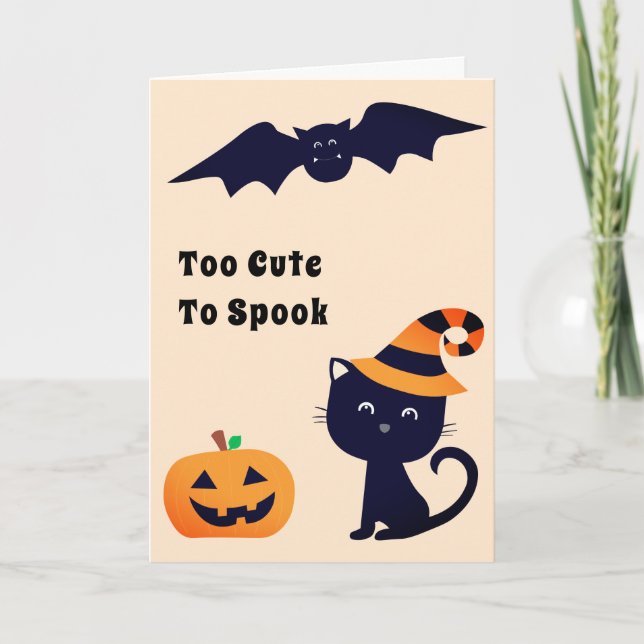 Too Cute To Spook Pumpkin Bat Cat With Witch Hat Card (Front)