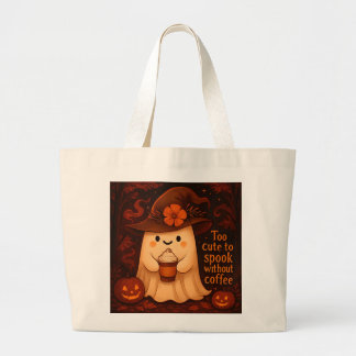 Too Cute to Spook Without Coffee – Halloween Ghost Large Tote Bag