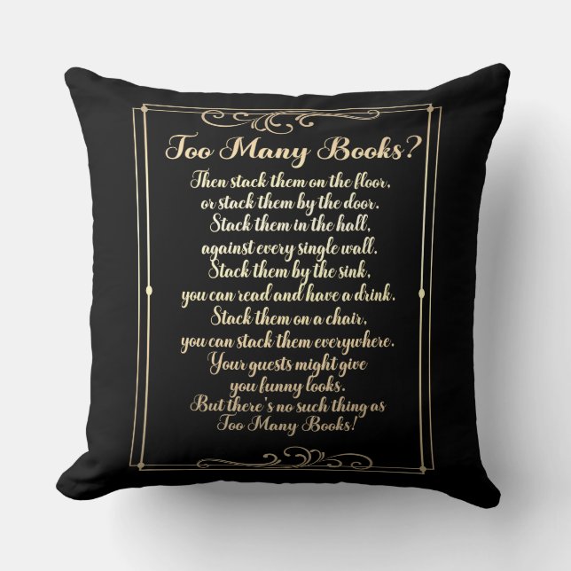 Too Many Books Poem Gold And Silver Sided Cushion (Front)
