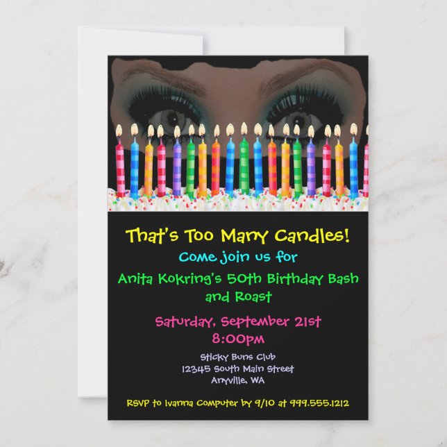 Too Many Candles Custom Drag Birthday Invites (Front)