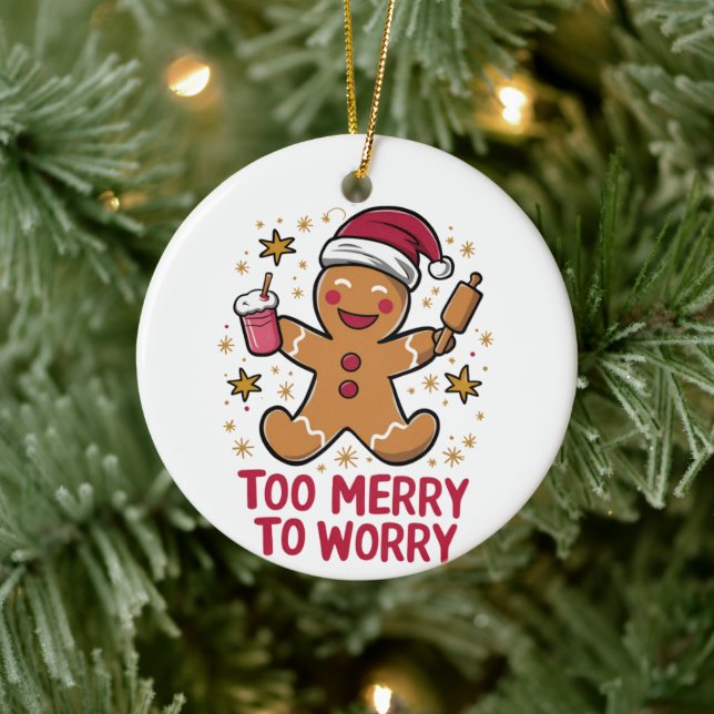 Too Merry To Worry Funny Gingerbread Christmas Ceramic Tree Decoration (Tree)