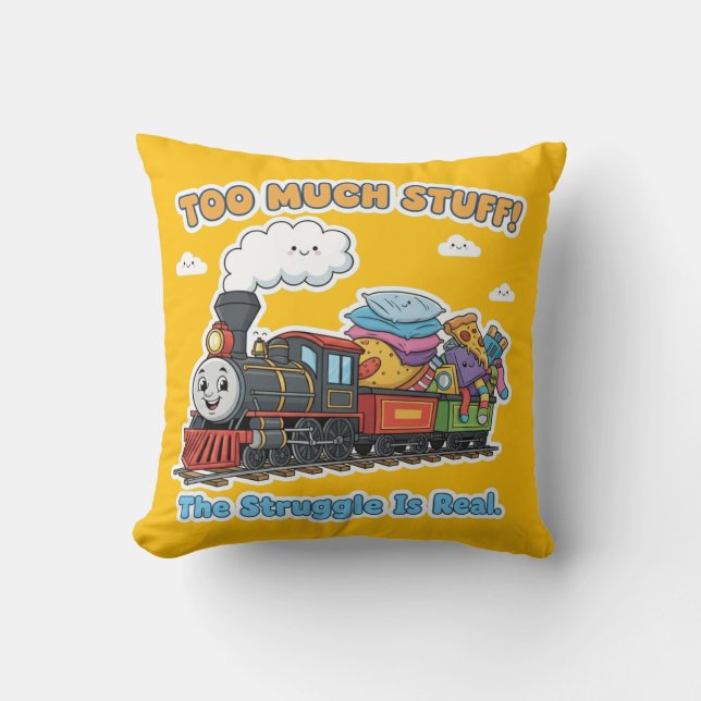"Too Much Stuff!" Whimsical Steam Engine Train Cushion (Front)
