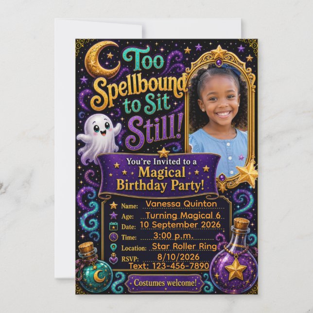 “Too Spellbound to Sit Still!” Personalised Photo  Invitation (Front)