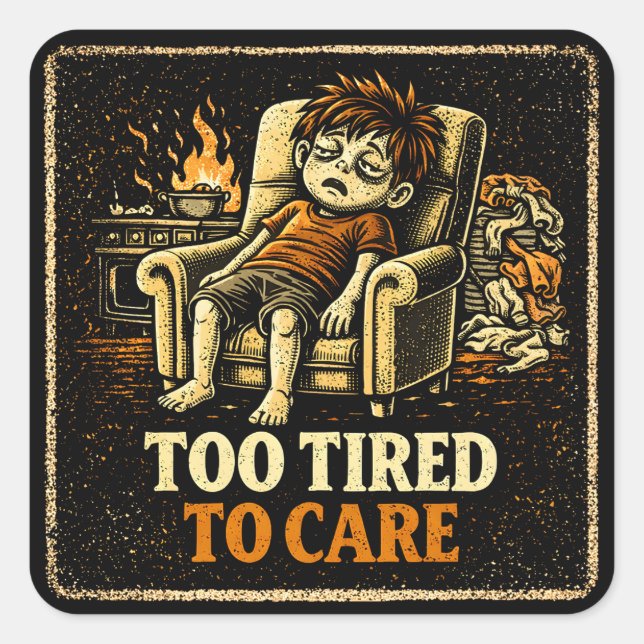 Too Tired To Care – Exhausted Humour Honest Square Sticker (Front)