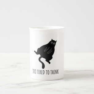 Too Tired to Think - Funny Exhausted Black Cat Bone China Mug