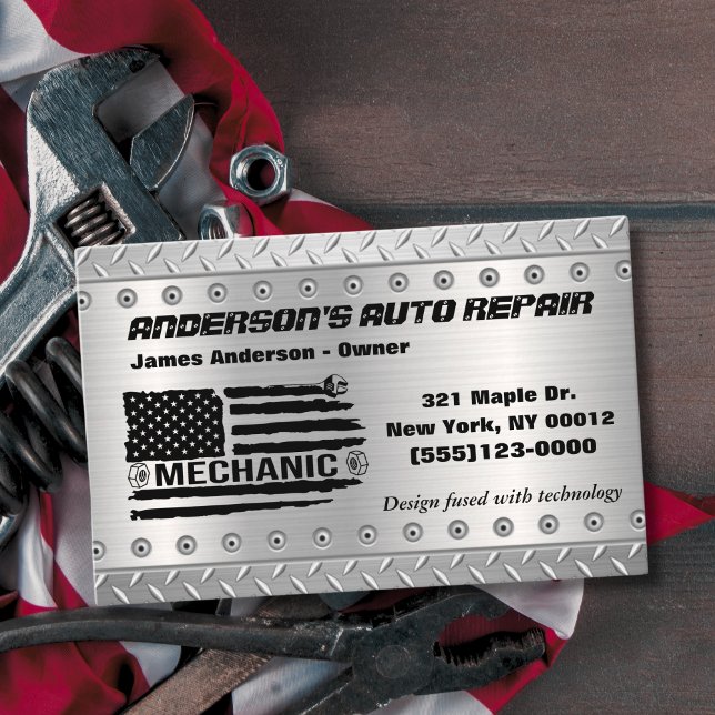Tool American Flag Metal Design Car Auto Repair Bu Business Card (Creator Uploaded)
