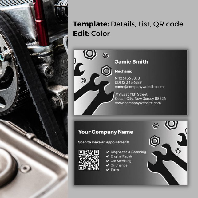 Tool Silhouettes Professional Black White Mechanic Business Card (Tool Silhouettes Professional Black White Mechanic Business Card, Wrenches, Nuts, QR code, CTA)