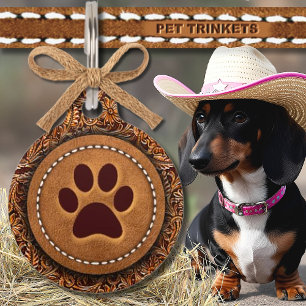 Tooled and Stitched Leather Pawprint Pet Tag