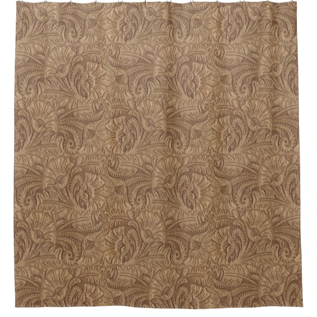 Tooled Leather Brown Small Print Western Shower Curtain (Front)