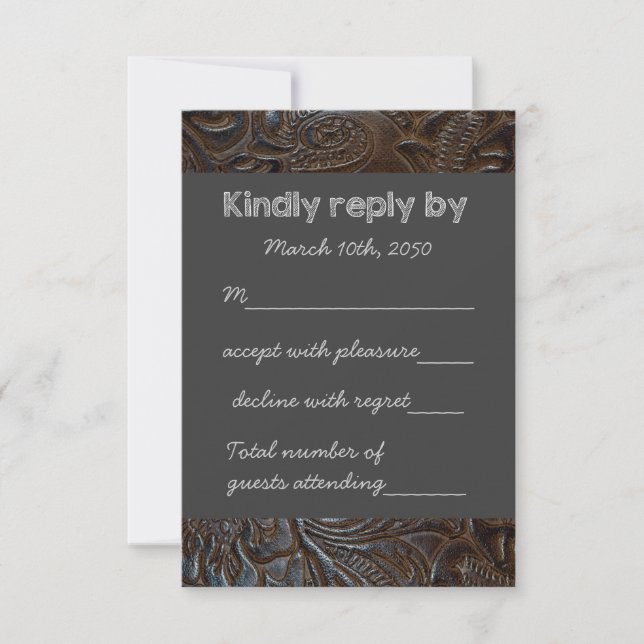 Tooled Leather Chalkboard Wedding RSVP Card (Front)