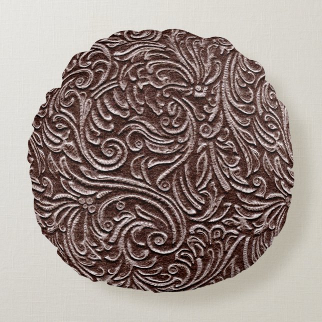 Tooled Leather Dark Brown Chocolate Rustic Look Round Cushion (Front)