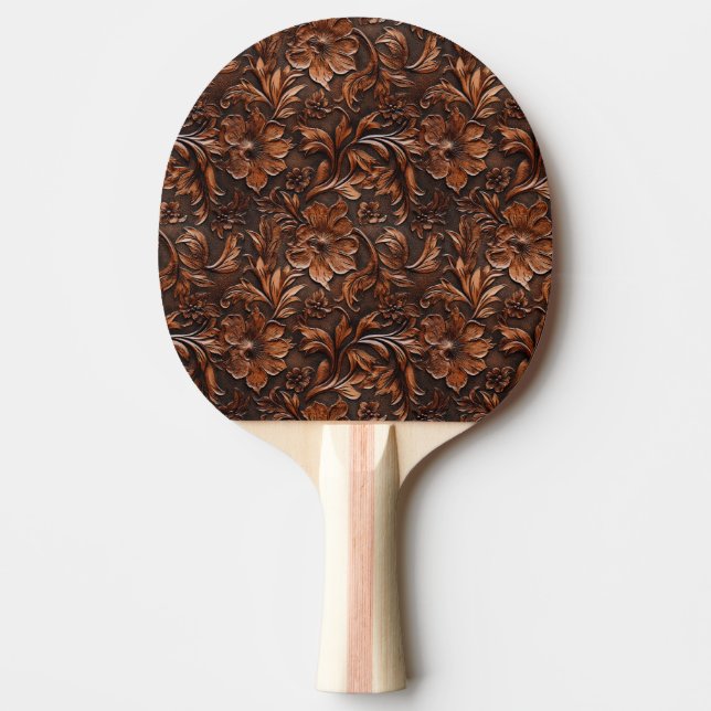 Tooled Leather Floral Ping Pong Paddle (Front)