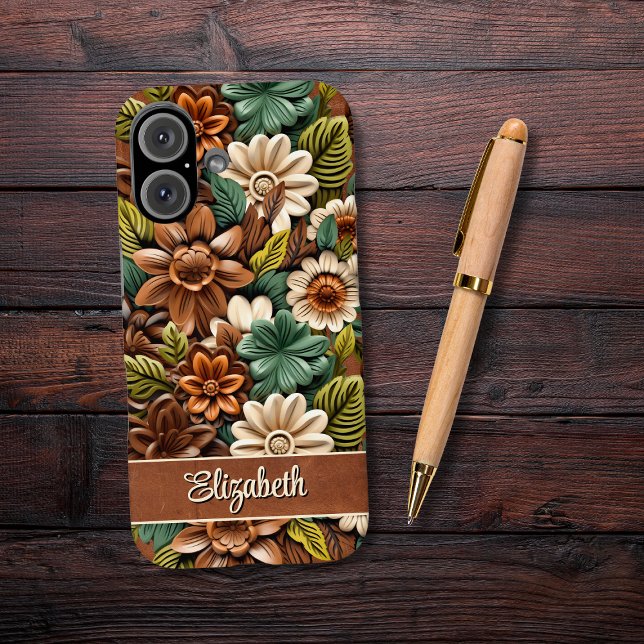 Tooled Leather Personalised Case-Mate iPhone Case (iPhone 16 Tooled Leather Embossed Flowers Cowgirl Rustic phone case.)