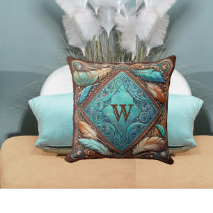 Tooled Leather Print Feathers Custom Initial Cushion
