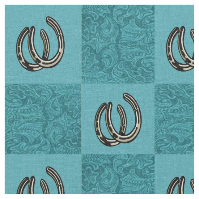 Tooled Leather Print Teal Block Print Horseshoes Fabric (Close Up)