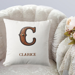 Tooled Western Leather Initial Monogram C Cushion