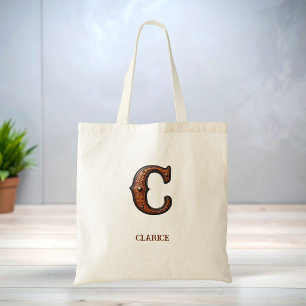 Tooled Western Leather Initial Monogram C Tote Bag