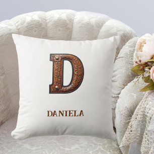 Tooled Western Leather Initial Monogram D Cushion