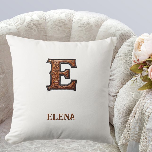 Tooled Western Leather Initial Monogram E Cushion (Creator Uploaded)