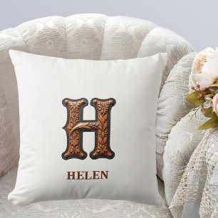 Tooled Western Leather Initial Monogram H Cushion