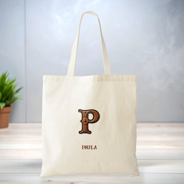Tooled Western Leather Initial Monogram P Tote Bag (Creator Uploaded)