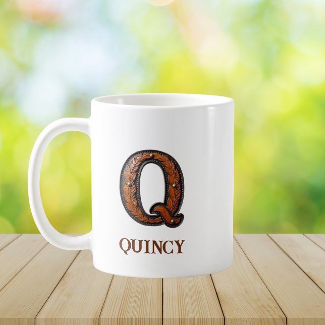 Tooled Western Leather Initial Monogram Q Coffee Mug (Creator Uploaded)