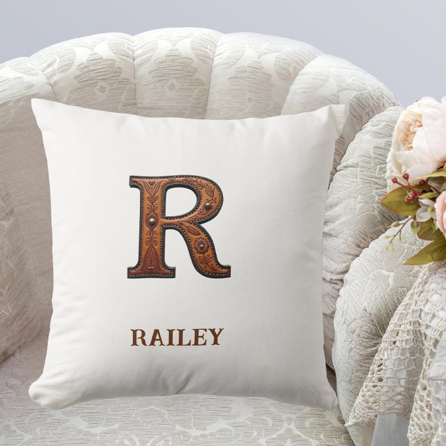 Tooled Western Leather Initial Monogram R Cushion (Creator Uploaded)