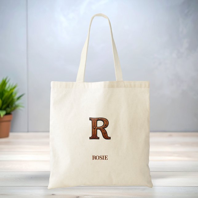 Tooled Western Leather Initial Monogram R Tote Bag (Creator Uploaded)
