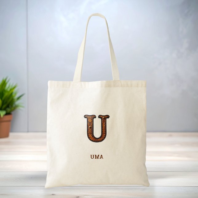 Tooled Western Leather Initial Monogram U Tote Bag (Creator Uploaded)