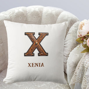 Tooled Western Leather Initial Monogram X Cushion