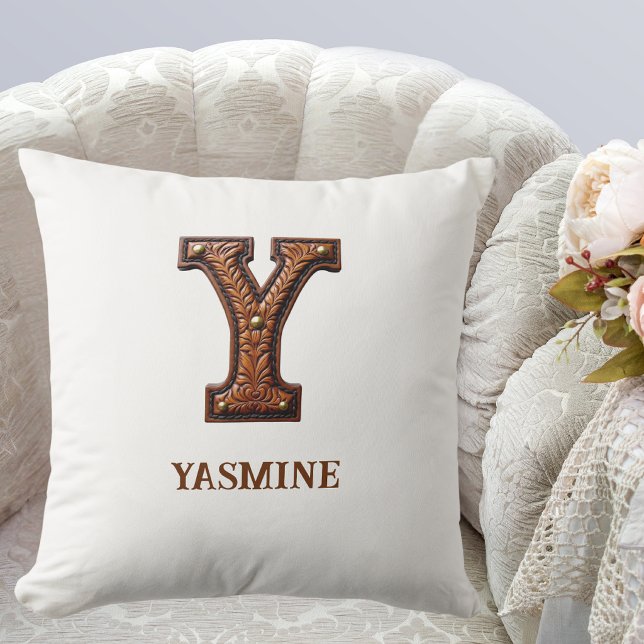 Tooled Western Leather Initial Monogram Y Cushion (Creator Uploaded)