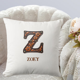 Tooled Western Leather Initial Monogram Z Cushion