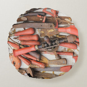 Tools Antique Rustic Red Man Tool Round Cushion
