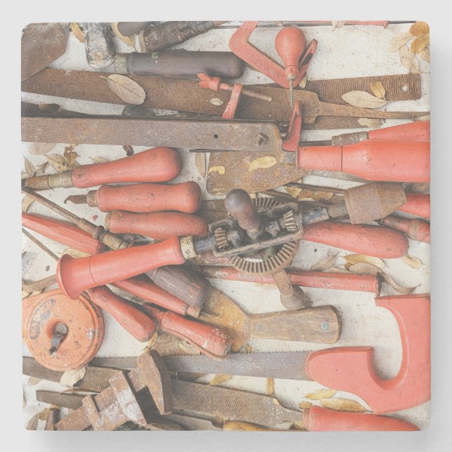 Tools Antique Rustic Red Man Tool Stone Coaster (Front)