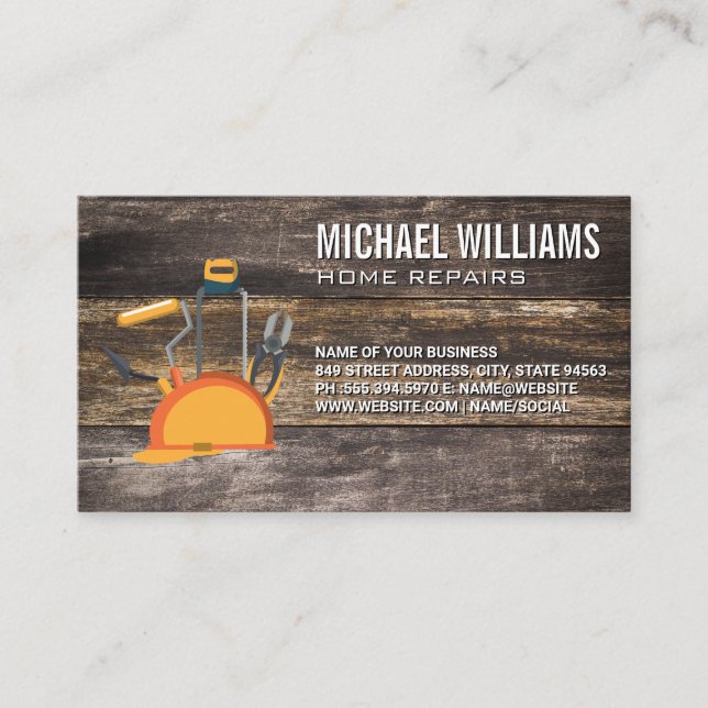 Tools Hard Hat | Wooden Boards Business Card (Front)