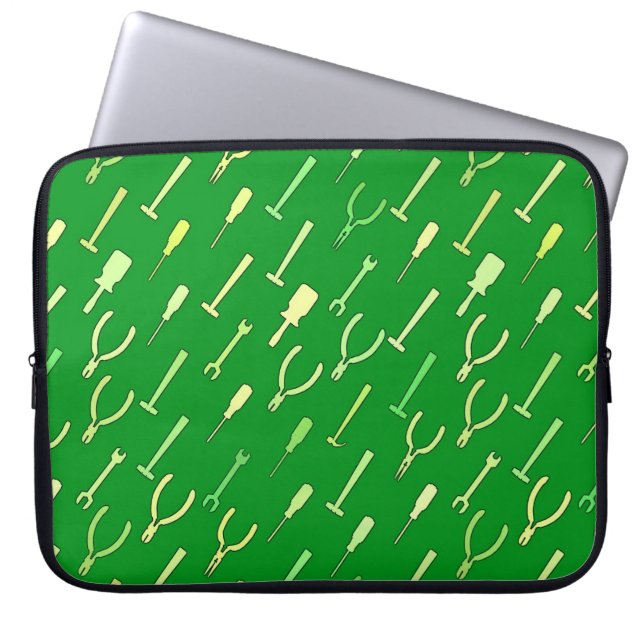 Tools, on forest green laptop sleeve (Front)