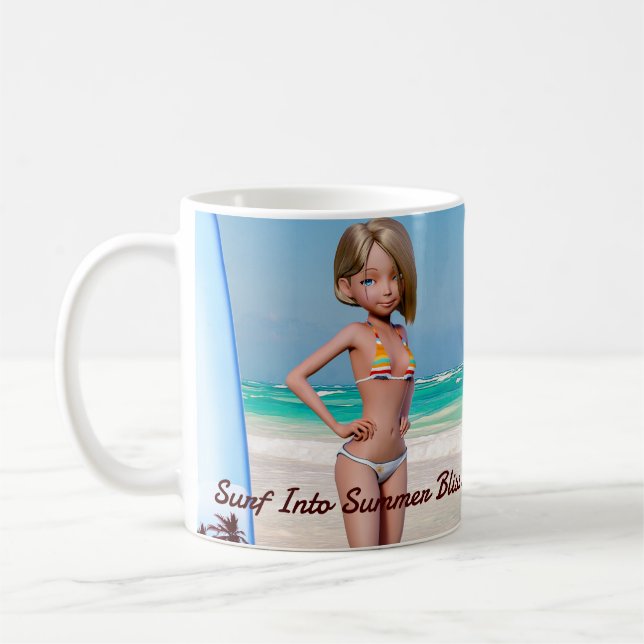 Toon Surfer Girl Posing on the Seashore Coffee Mug (Left)