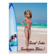 Toon Surfer Girl Posing on the Seashore