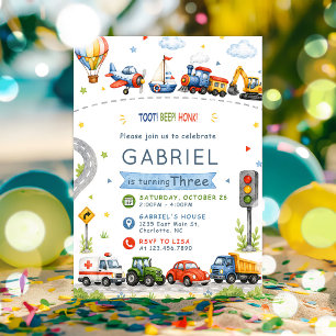 Toot, Beep, Honk! Watercolor Birthday Invitation