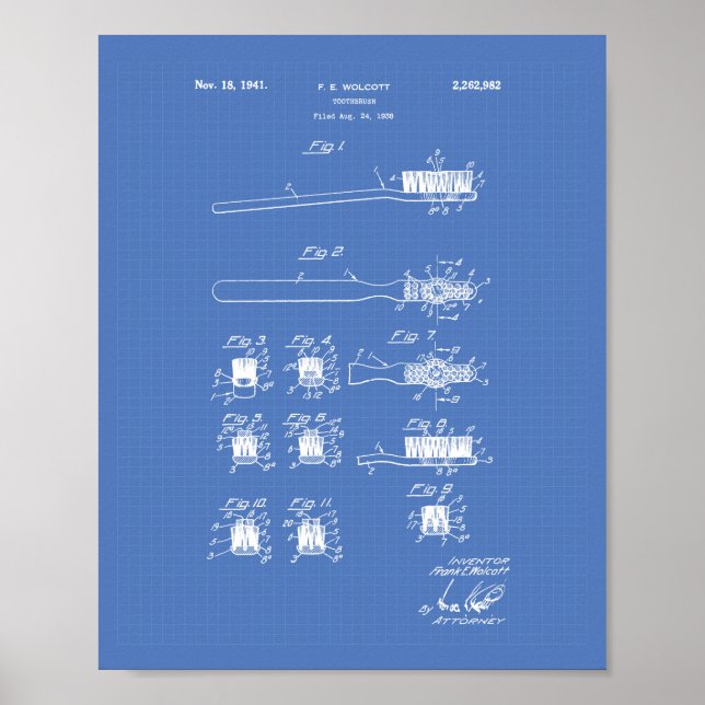 Tooth Brush 1941 Patent Art Blueprint Poster (Front)