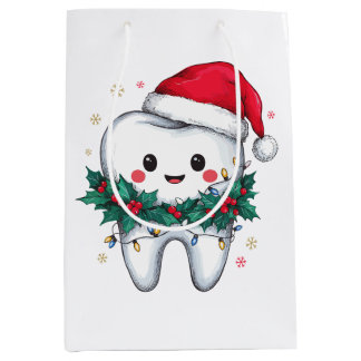 Tooth Christmas Dentist Dental Hygienist Santa Hat Medium Gift Bag