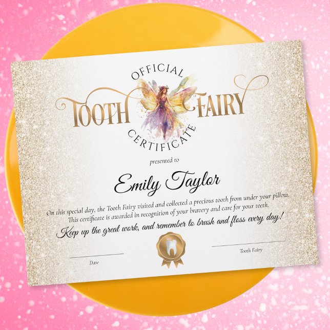 Tooth Fairy First Tooth Certificate (gold glitter tooth fairy certificate)
