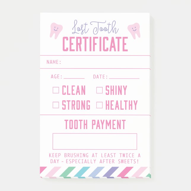 Tooth Fairy Keepsake Certificate Girl Post-it Notes (Front)