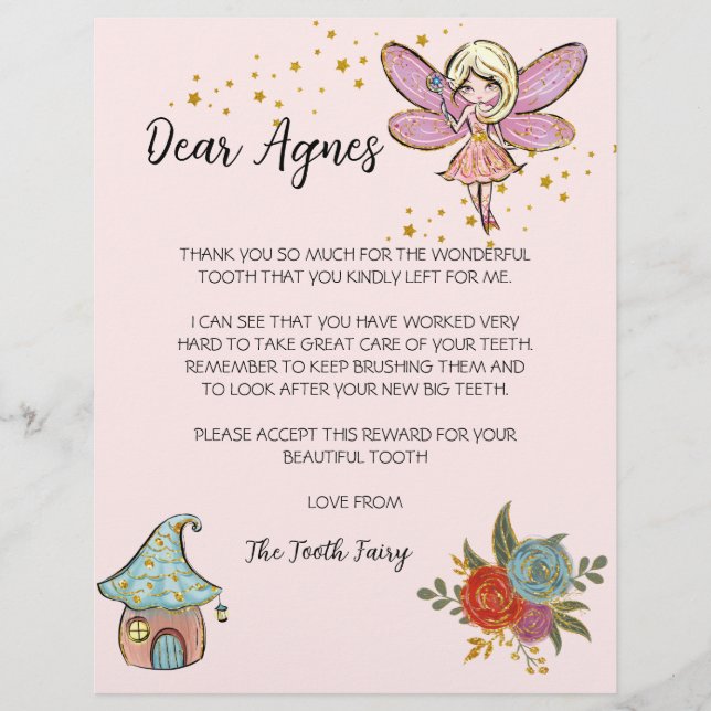 Tooth Fairy Letter, Personalised Tooth Fairy Card (Front)