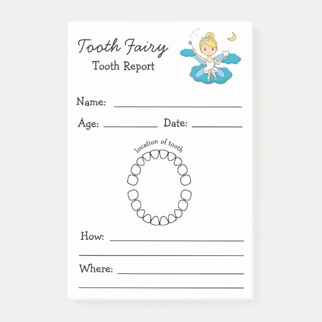 Tooth Fairy Lost Tooth Report Activity Kids Post-it Notes (Front)