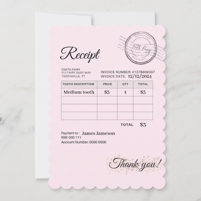 Tooth Fairy Payment Receipt Kids Magic Card (Front)