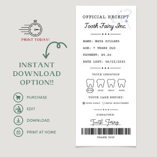 Tooth Fairy Receipt Printable Editable Invitation