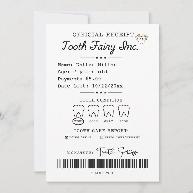 Tooth Fairy Receipt Printable Invitation (Front)